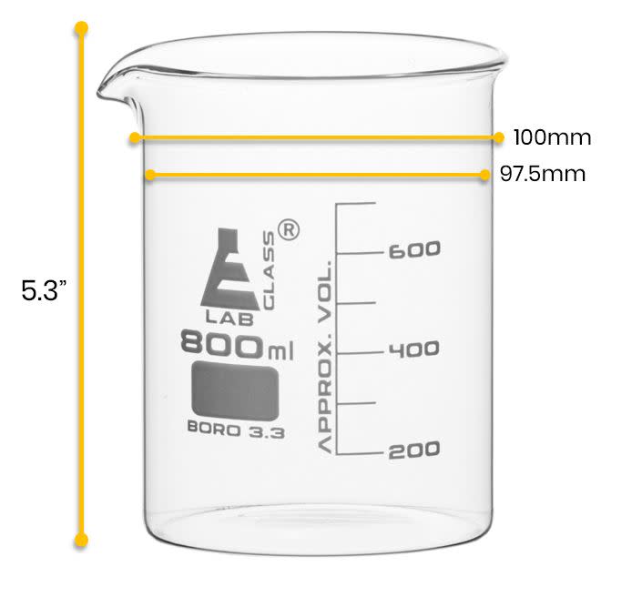 Beaker, 800ml - Low Form - 100ml Graduations - Borosilicate Glass