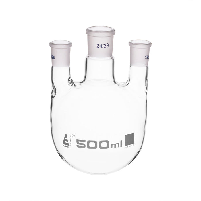 Distilling Flask, 500ml - 3 Parallel Necks, 24/29 Center, 19/26 Side Sockets - Interchangeable Ground Joints - Round Bottom - Borosilicate Glass - Eisco Labs
