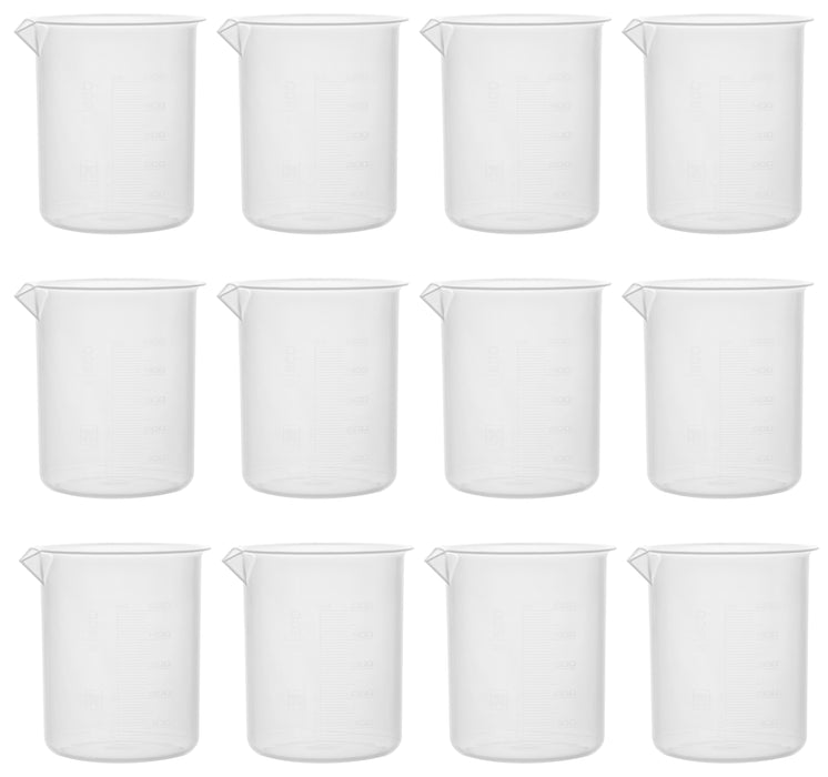 12PK Plastic Beakers, 500ml - Polypropylene - Raised Graduations