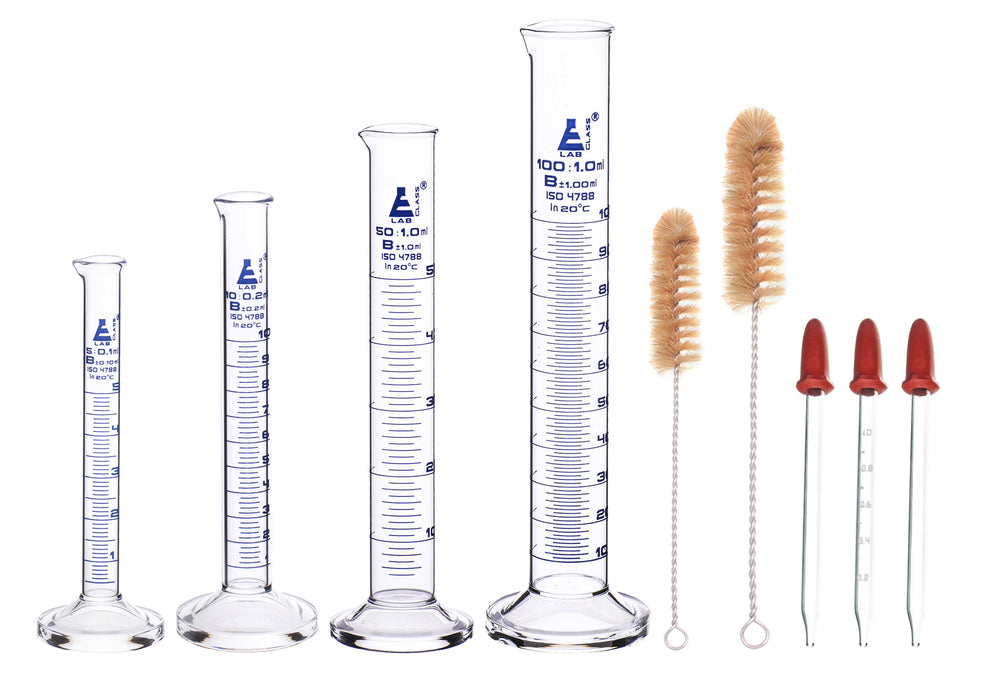 Safety Pack Measuring Cylinder Set with 3 Droppers & 2 Cleaning Brushes - 5ml, 10ml, 50ml & 100ml - Class B