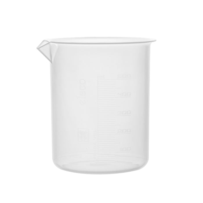 12PK Plastic Beakers, 500ml - Polypropylene - Raised Graduations