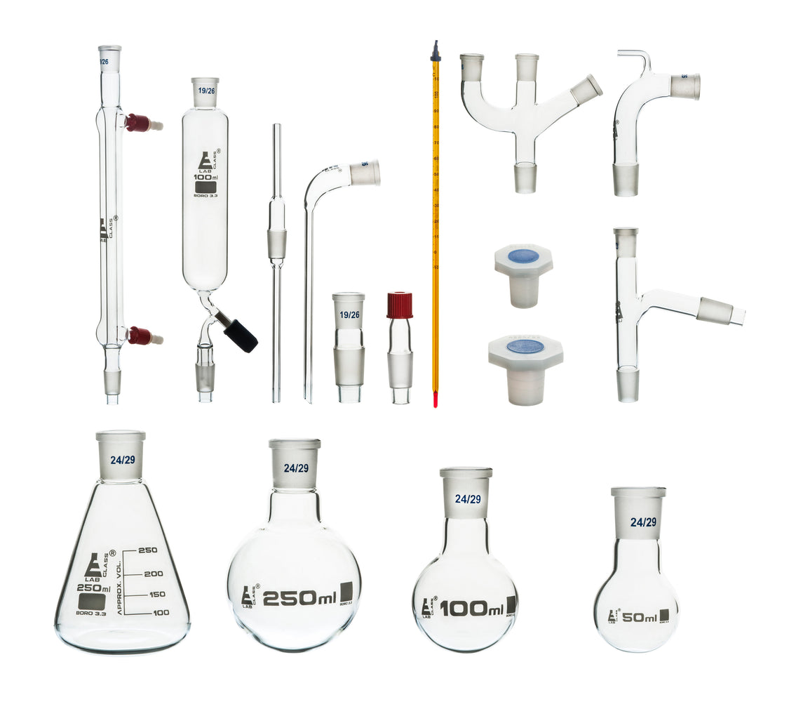 EISCO Advanced Organic Chemistry Distillation Glassware Set - 17 Piece, 22 Interchangeable Fittings - Borosilicate Glass - Packed in Plastic Case