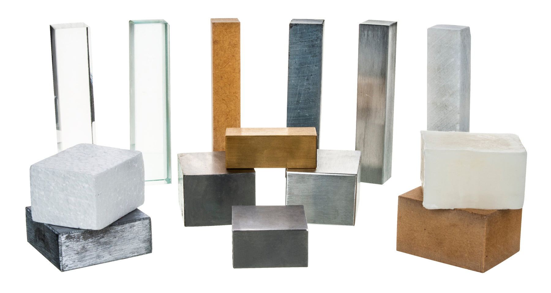 14pc Solid Materials Variety Kit - Rectangular Blocks - Wood, Paraffin Wax, Aluminum, Iron, Polystyrene Foam, Perspex, Glass, Slate, Marble, Lead & Brass