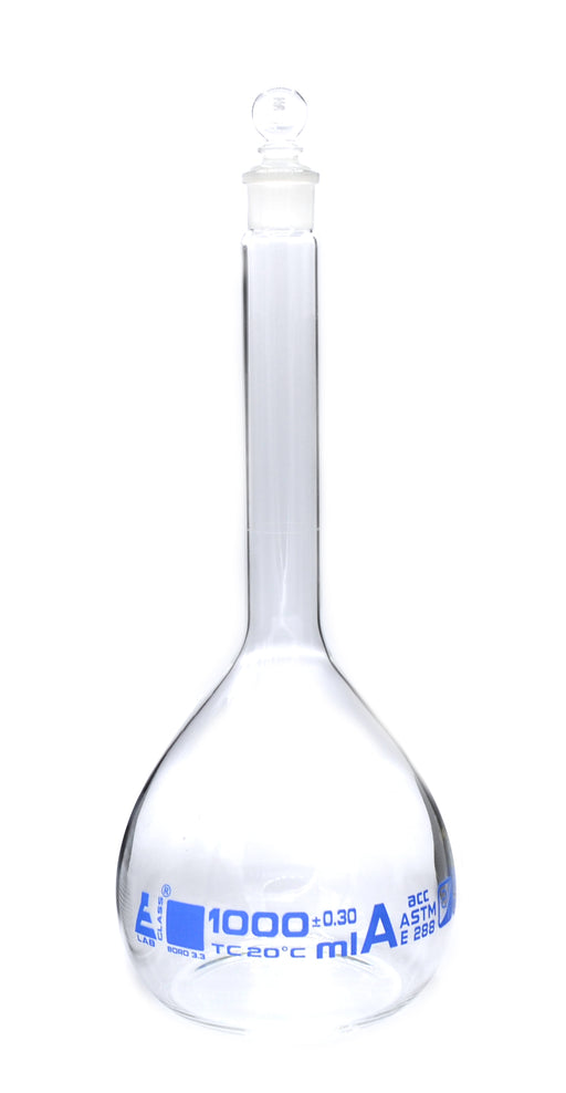 Volumetric Flask, 1000ml - Class A, ASTM - Tolerance ±0.300 ml - Glass Stopper -  Single, Blue Graduation - Eisco Labs
