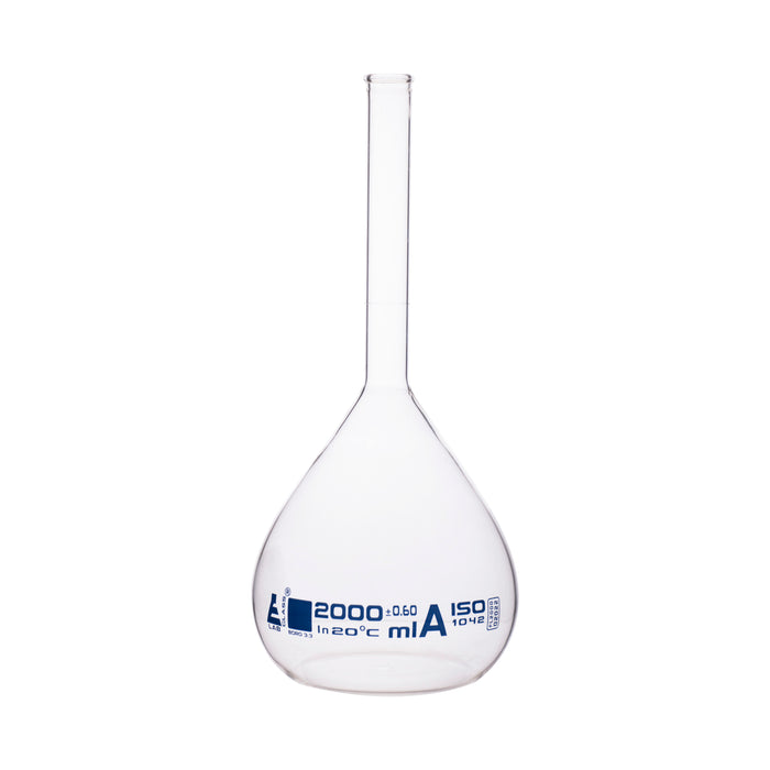 Volumetric Flask, 2000ml - Class A - Borosilicate Glass - Blue Graduation, Tolerance ±0.600 - No Stopper, Beaded Rim - Eisco Labs