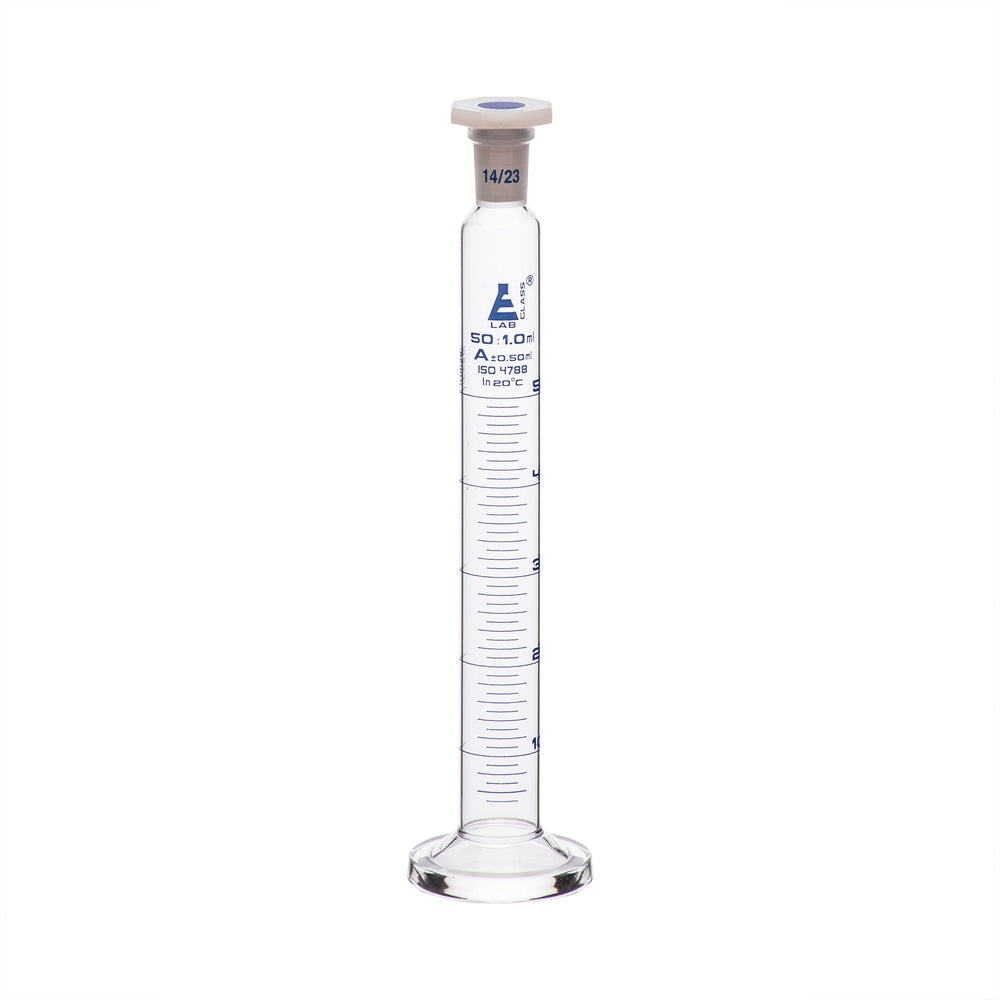 Measuring Cylinder, 50ml - Class A - 14/23 Polypropylene Stopper - Round Base, Blue Graduations - Borosilicate Glass - Eisco Labs