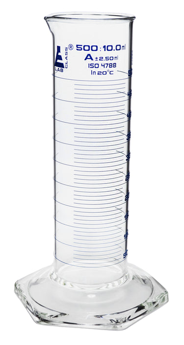Measuring Cylinder, 500ml - Class A, Tolerance: ±2.50ml - Squat Form, Blue Graduations - Borosilicate Glass - Eisco Labs