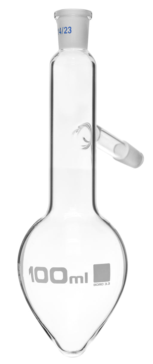 Distilling Flask, 100ml - 14/23 Joint & Side Socket - Borosilicate Glass, Pear Shape - Short Neck - Eisco Labs