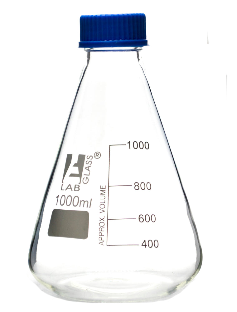 Erlenmeyer Flask, 1000ml - Borosilicate Glass - With PTFE Screw Cap - Conical Shape - White Graduations - Eisco Labs