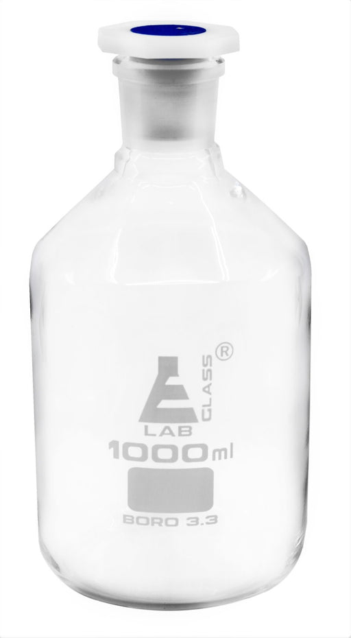 1000mL (33.8oz) Glass Reagent Bottle with Acid Proof Polypropylene Stopper, Borosilicate 3.3 Glass - Eisco Labs