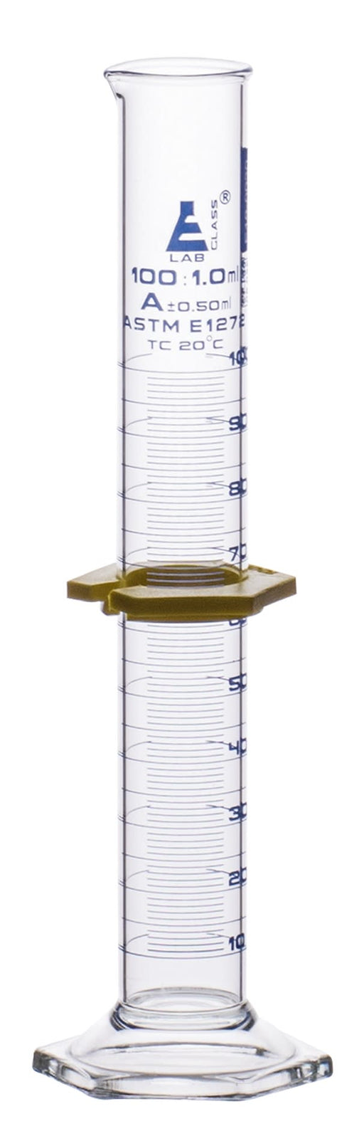 Measuring Cylinder, 100ml - ASTM, Class A - Tolerance ±0.50ml - Protective Collar, Hexagonal Base - Blue Graduations - With Individual Work Certificate - Borosilicate 3.3 Glass - Eisco Labs