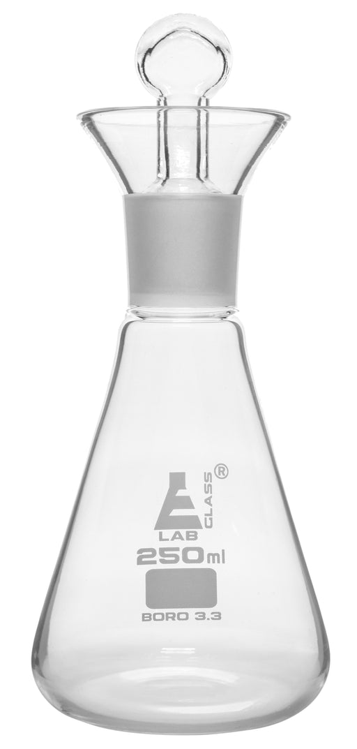 Iodine Flask & Stopper, 250ml - 29/32 Socket Size, Interchangeable Stopper - Conical Shape - Borosilicate Glass - Eisco Labs