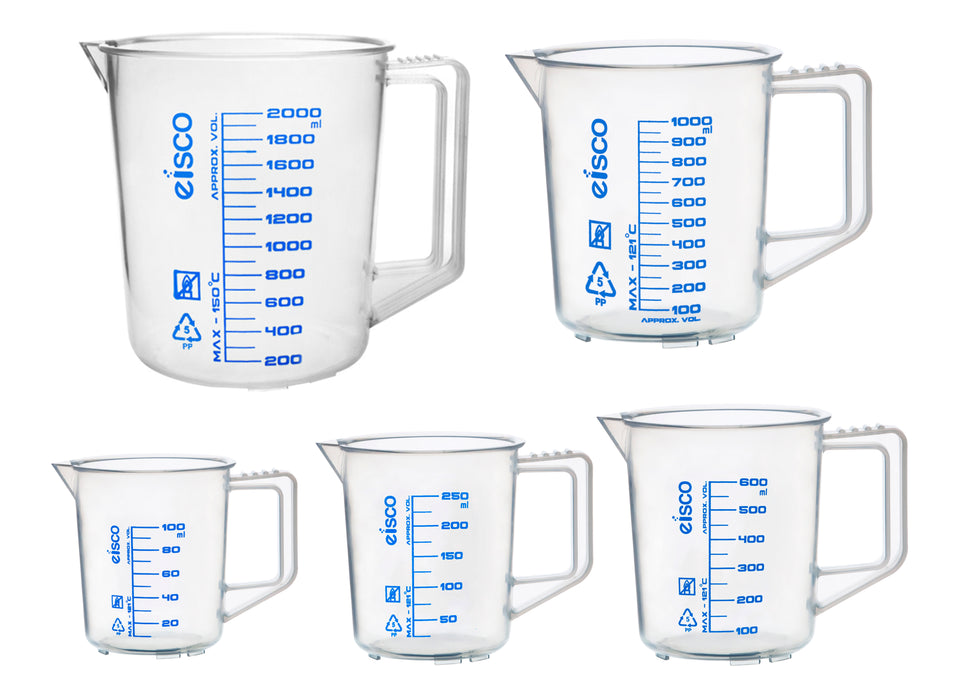 Measuring Jug Set - 100, 250, 600, 1000 & 2000ml - Polypropylene - Screen Printed Graduations, Spout & Handle for Easy Pouring - Excellent Optical Clarity - Eisco Labs