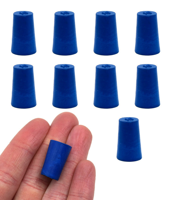 Neoprene Stoppers, Solid Blue - Size: 10mm Bottom, 12.5mm Top, 20mm Length - Pack of 10