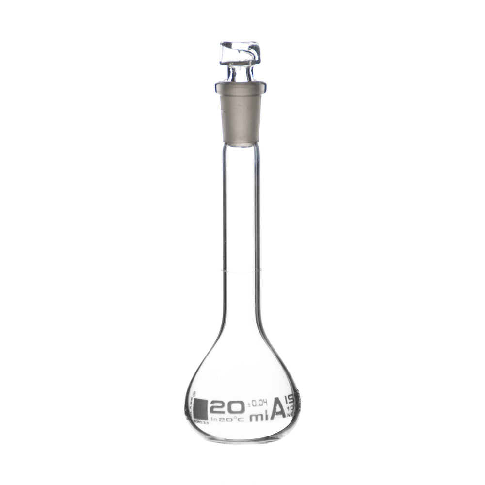 Volumetric Flask, 20ml - Class A - Hexagonal, Hollow Glass Stopper - Single, White Graduation - Eisco Labs