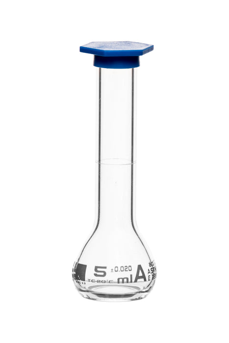 Volumetric Flask, 5ml - Class A, ASTM - Tolerance ±0.020ml - Blue Snap Cap - Single, White Graduation - Borosilicate Glass - Eisco Labs