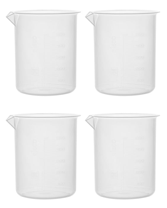 4PK Plastic Beakers, 500ml - Polypropylene - Raised Graduations