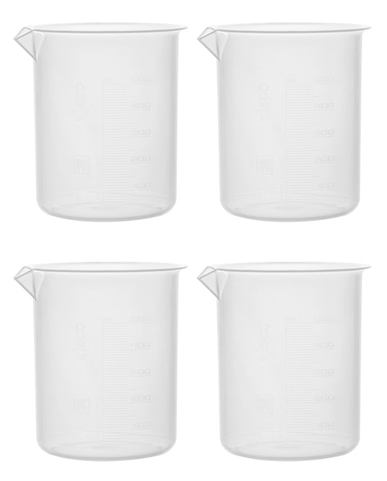 4PK Plastic Beakers, 500ml - Polypropylene - Raised Graduations