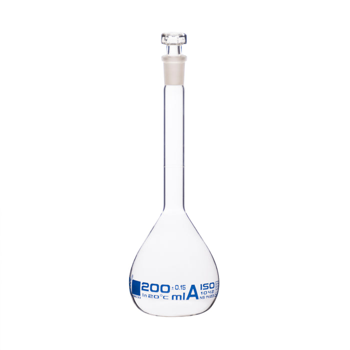 Volumetric Flask, 200ml - Class A - Hexagonal, Hollow Glass Stopper - Single, Blue Graduation - Eisco Labs