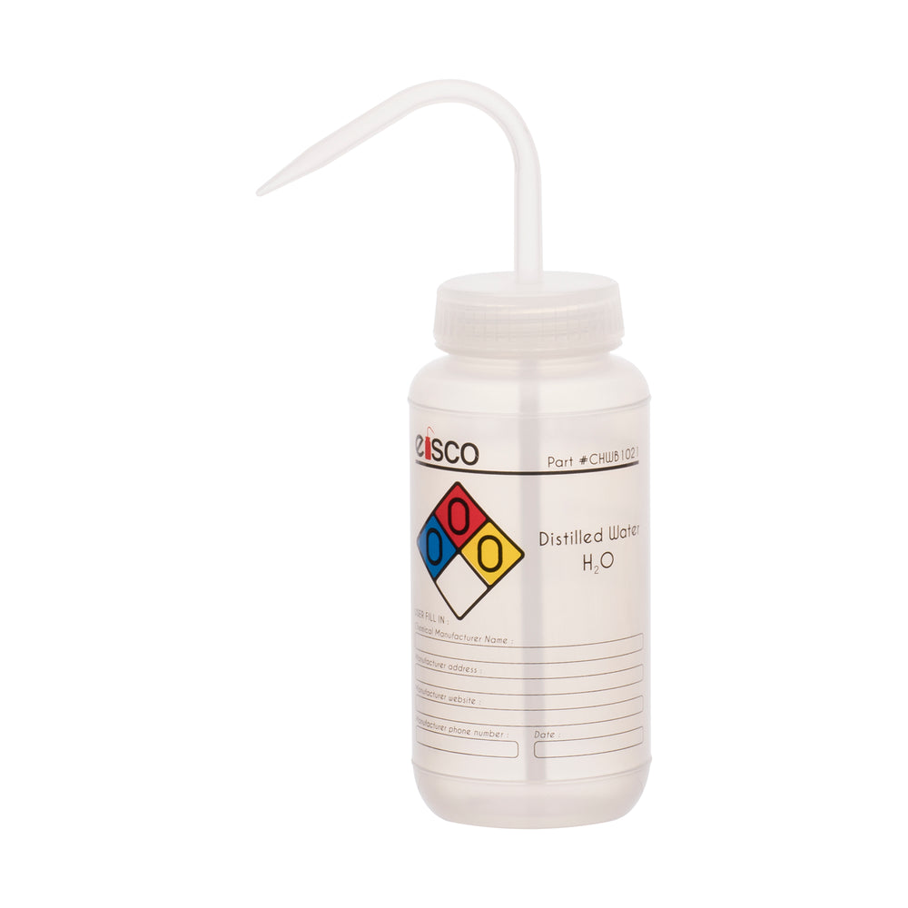 Performance Plastic Wash Bottle, Distilled Water, 500 ml - Labeled (4 Color)