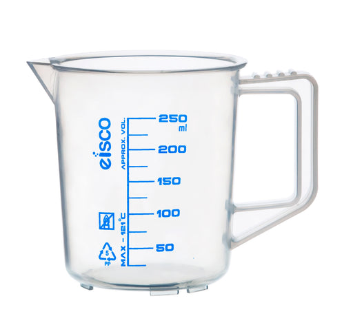 Measuring Jug, 250ml - Polypropylene - Screen Printed Graduations, Spout & Handle for Easy Pouring - Excellent Optical Clarity - Eisco Labs