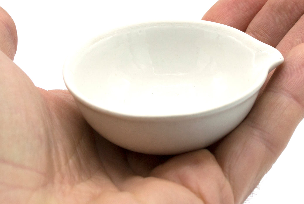 40mL capacity, Round Evaporating Dish with Spout - Porcelain - 2.4" Outer Diameter, 0.9" Tall