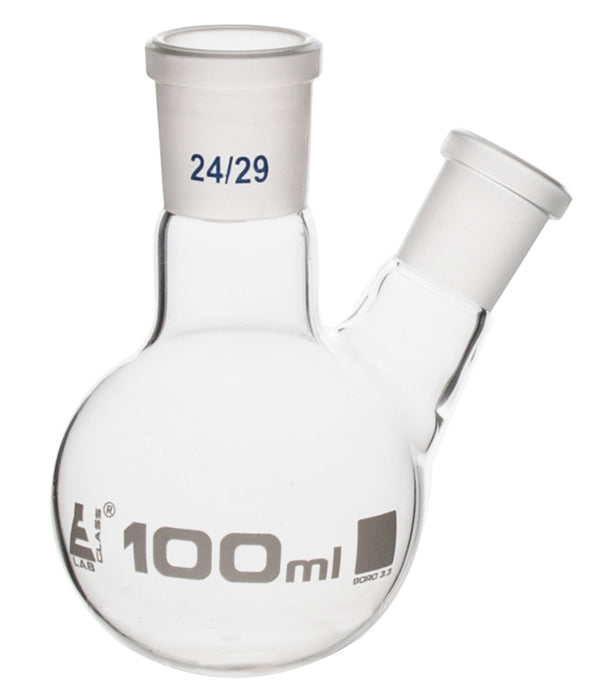 Distilling Flask, 100ml - 24/29 Oblique Neck with 14/23 Joint - Borosilicate Glass - Round Bottom - Eisco Labs