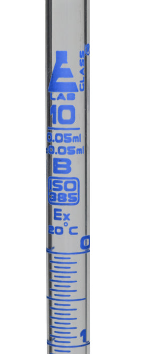 Burette, 10ml - 17" Long, 0.5" Diameter, Class B, DIN ISO 385 Compliant, Borosilicate Glass with Glass Key Stopcock, 0.05ml Graduations - Eisco Labs