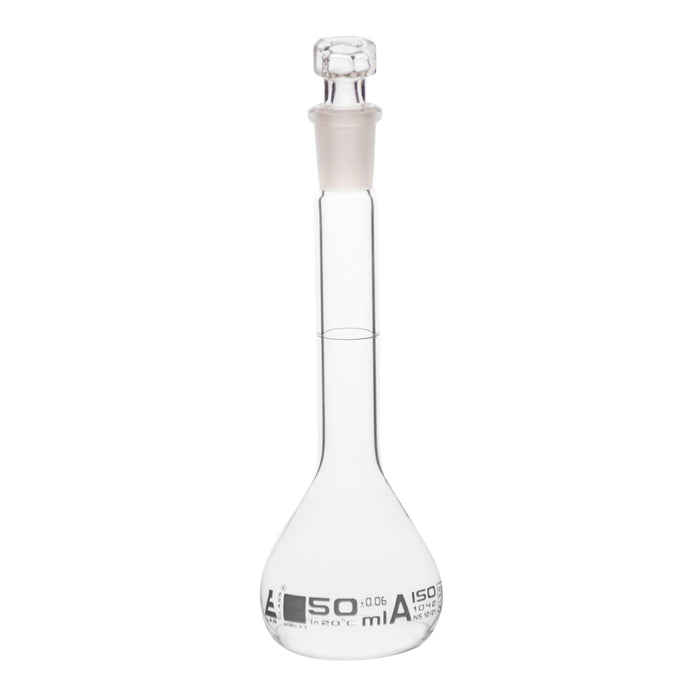 Volumetric Flask, 50ml - Class A - Hexagonal, Hollow Glass Stopper - Single, White Graduation - Eisco Labs