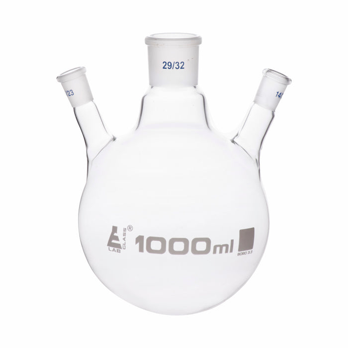Distilling Flask, 1000ml - 3 Angled Necks, 29/32 Center, 14/23 Side Sockets - Interchangeable Ground Joints - Round Bottom - Borosilicate Glass - Eisco Labs