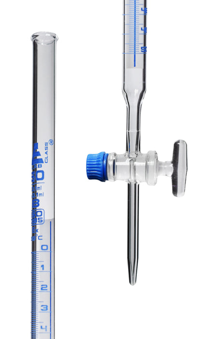 Burette, 50mL - Schellbach Design - Class B - 0.1mL Blue Graduations - Glass Stopcock - Borosilicate Glass