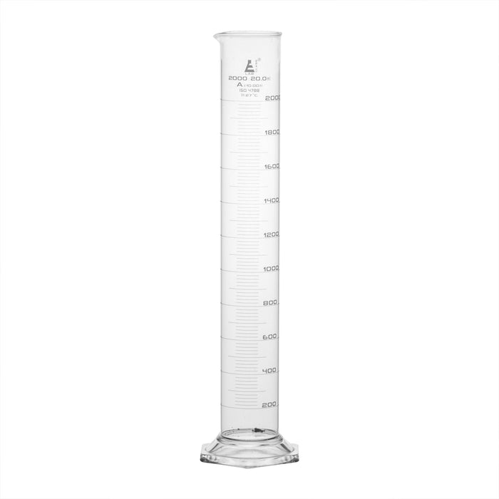 Measuring Cylinder, 2000ml - Class A, Tolerance: ±10.00ml - Hexagonal Base - White Graduations - Borosilicate Glass - Eisco Labs