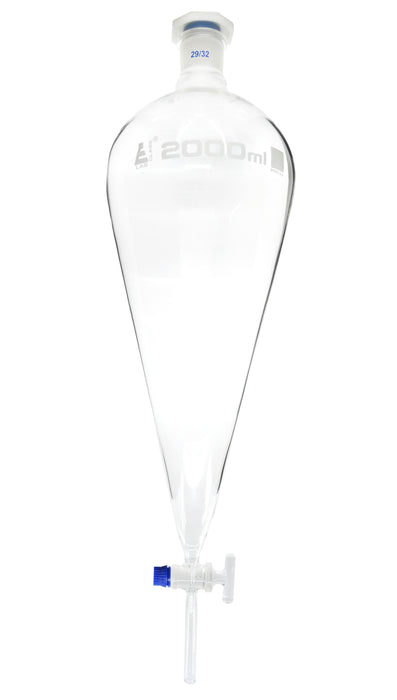 Squibb Separating Funnel, 2000ml - 29/32 Plastic Stopper, Glass Key Stopcock, Ungraduated - Borosilicate Glass - Eisco Labs
