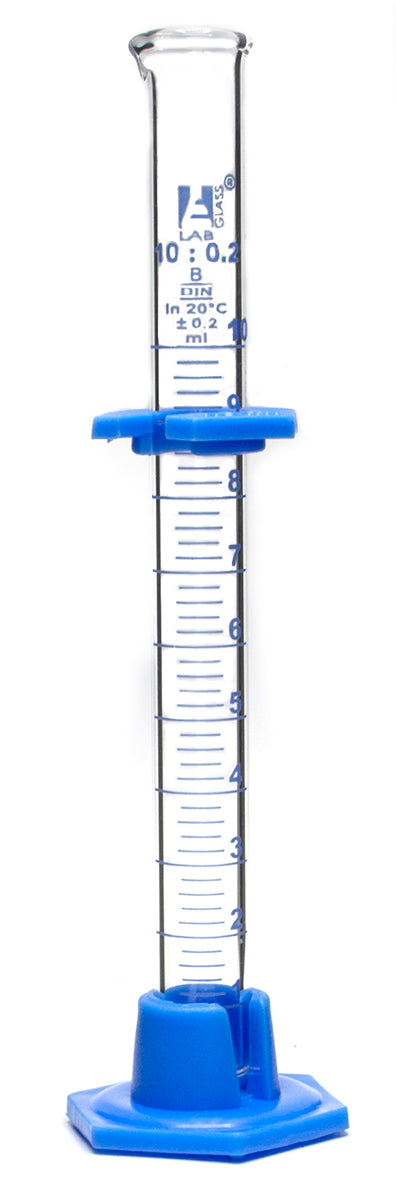 Measuring Cylinder, 10ml - Class B - Detachable, Plastic Hexagonal Base & Protective Collar - Blue Graduations - Borosilicate Glass - Eisco Labs