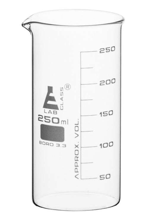 Beaker, 250ml - Tall Form - White Graduations - Borosilicate Glass