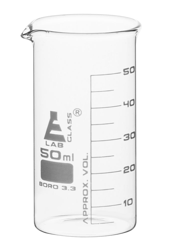 Beaker, 50ml - Tall Form - White Graduations - Borosilicate Glass
