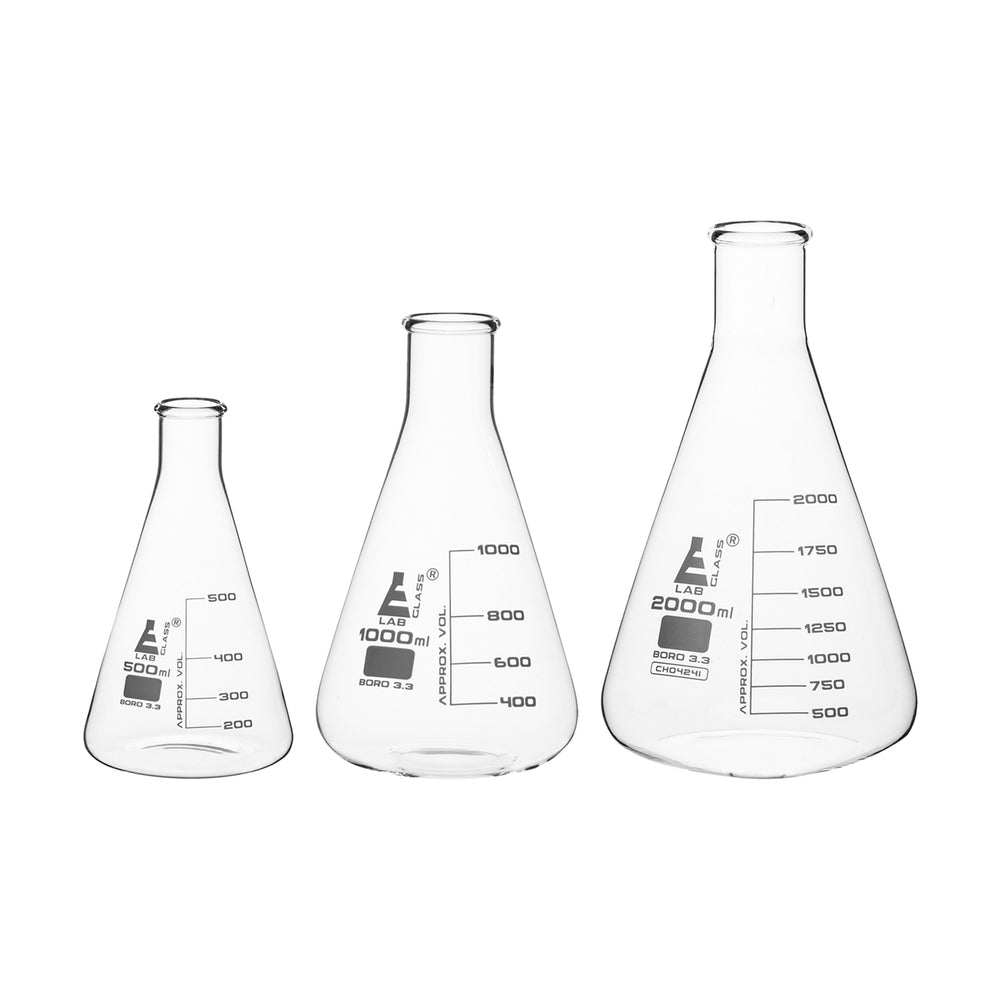 Safety Pack Erlenmeyer Flask Set - 500ml, 1000ml & 2000ml - Narrow Neck, Borosilicate 3.3 Glass
