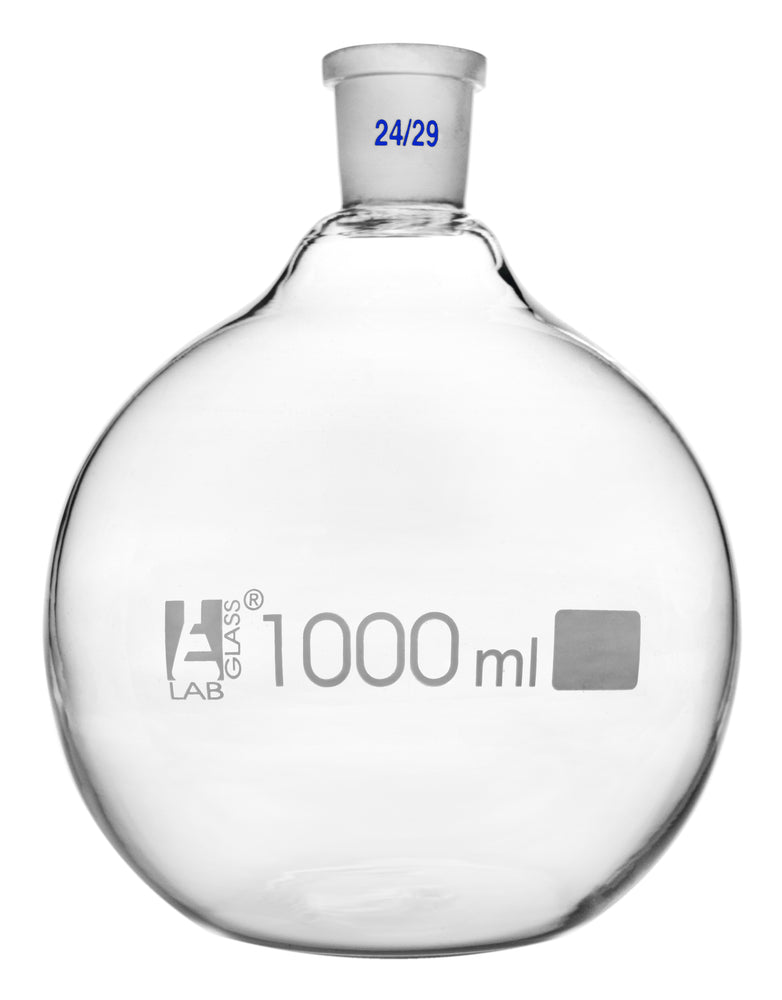 Florence Boiling Flask, 1000ml - 24/29 Joint, Interchangeable - Borosilicate Glass - Flat Bottom, Short Neck - Eisco Labs