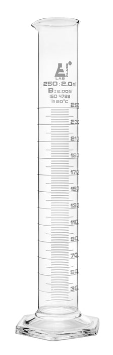 Graduated Cylinder, 250ml - Class B - White Graduations, Hexagonal Base