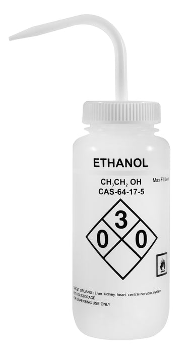 500ml Capacity Labelled Wash Bottle for Ethanol - Color Coded White - Self Venting, Low Density Polyethylene (Discontinued)