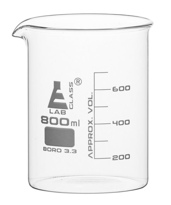 Beaker, 800ml - Low Form - 100ml Graduations - Borosilicate Glass
