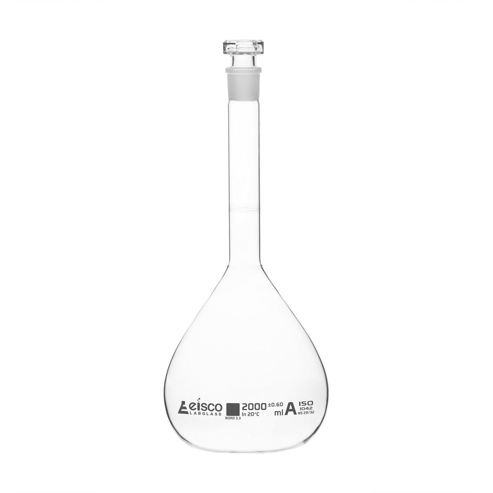 Volumetric Flask, 2000ml - Class A - Hexagonal, Hollow Glass Stopper - Single, White Graduation - Eisco Labs