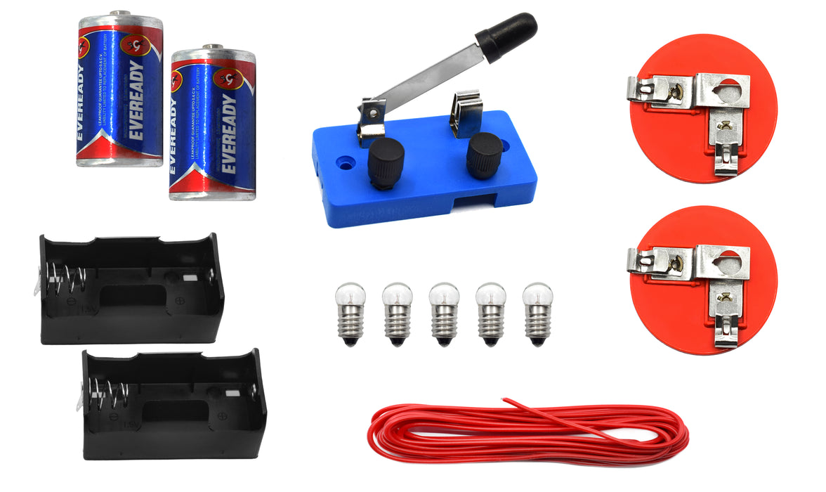 Eisco Labs Basic Beginner Circuit Kit For Teaching Series and Parallel Circuits- Switch, (2) 'D' Batteries w/ Holders, (2) Light Holders, (5) Bulbs, Bulk Wire