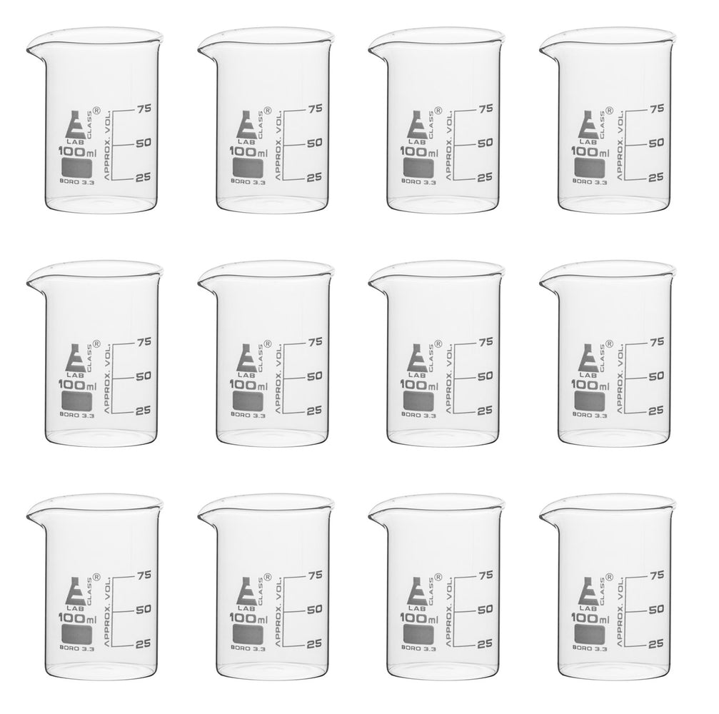 12PK Beakers, 100ml - Griffin Style, Low Form with Spout - White, 25ml Graduations - Borosilicate 3.3 Glass