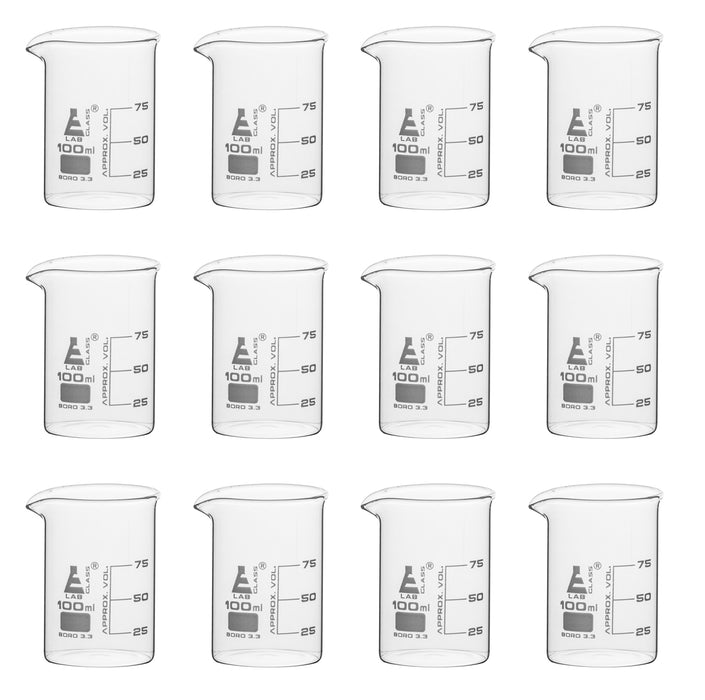 12PK Beakers, 100ml - Griffin Style, Low Form with Spout - White, 25ml Graduations - Borosilicate 3.3 Glass