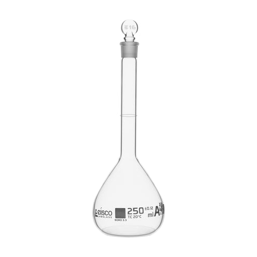 Volumetric Flask, 250ml - Class A, ASTM - Tolerance ±0.120 ml - Glass Stopper -  Single, White Graduation - Eisco Labs