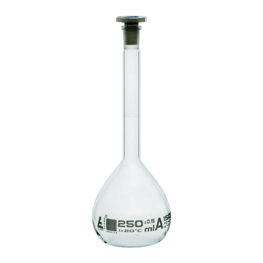 Volumetric Flask, 250ml - Class A - 14/23 Polyethylene Stopper, Borosilicate Glass - White Graduation, Tolerance ±0.150 - Eisco Labs