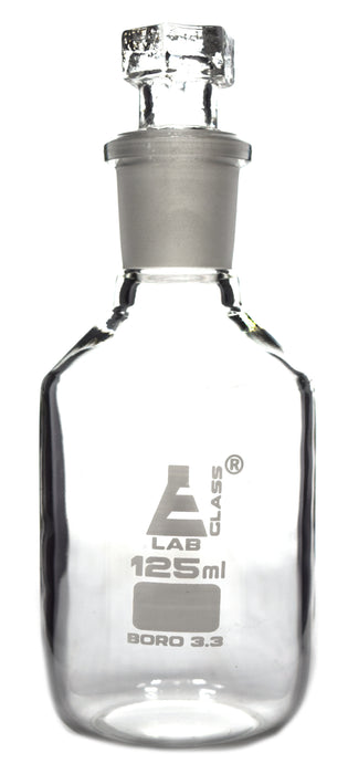 Reagent Bottle, Borosilicate Glass, Narrow Mouth with Interchangeable Hexagonal hollow glass Stopper - 125ml - Eisco Labs