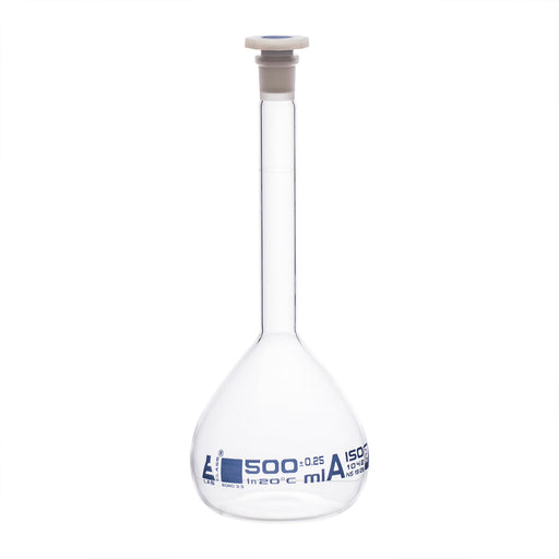 12PK Volumetric Flask, 500ml - Class A - 19/26 Polyethylene Stopper, Borosilicate Glass - Blue Graduation, Tolerance ±0.250 - Set of 12 Flasks - Eisco Labs