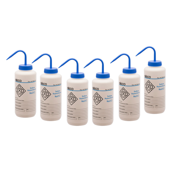 6PK Performance Plastic Wash Bottle,  Sodium Hypochlorite (Bleach), 1000 ml - Labeled (2 Color)